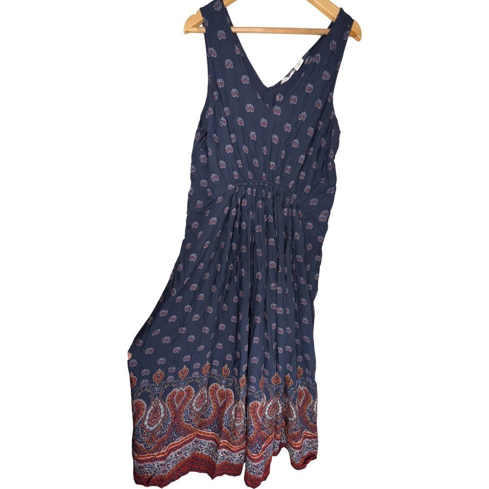 LUCKY BRAND‎ V Neck Peasant Dress Womens 1X Blue Orange Rayon Bohemian Summer